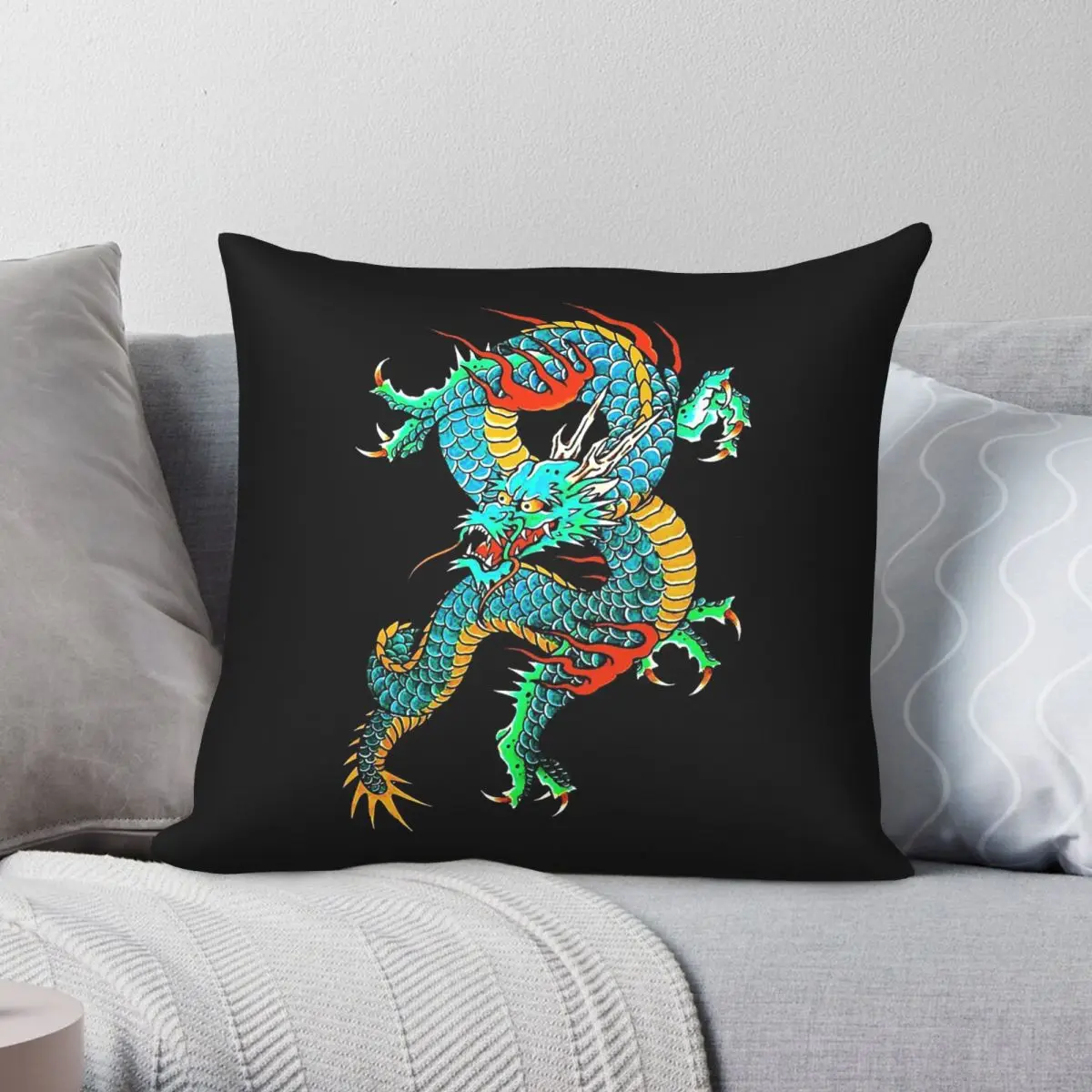 Blue Japanese Dragon Tattoo Pillowcase Polyester Linen Velvet Creative Decorative Pillow Case Sofa Seater Cushion Wholesale