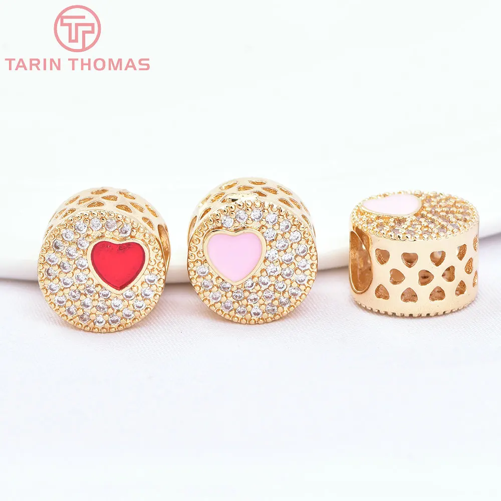 (7357) 2 Stück 11x8,5mm 24 Karat Gold Messing mit Zirkon runden Herz perlen hochwertige DIY Schmuck Zubehör Großhandel