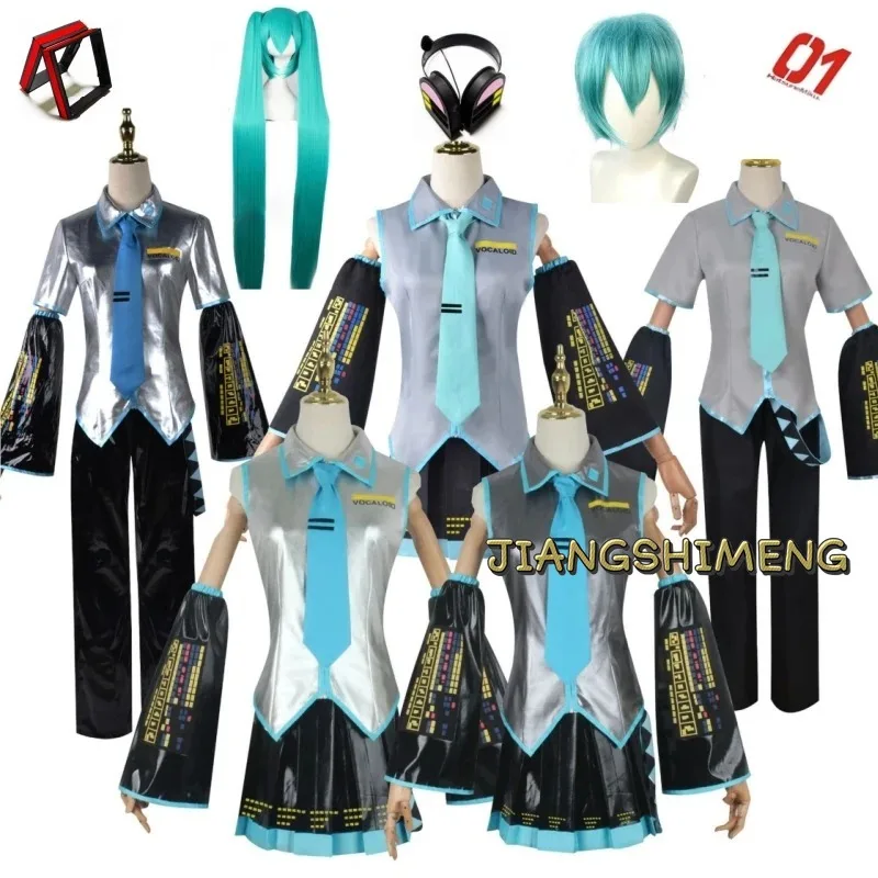 

Miku Cosplay Full Set Silver Grey Patent Leather Fabric Suit Miku Cosplay Wig Shoes Headwear Props Costume Outfit JK Uniform