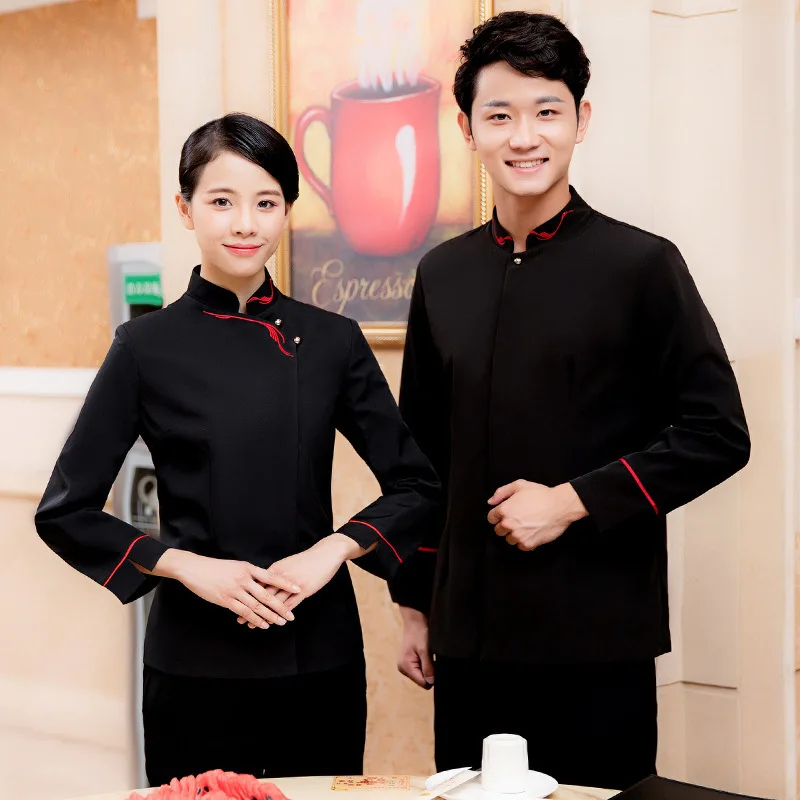 Uniformes de trabalho do hotel outono inverno feminino pote quente restaurante churrasco casa chá estilo chinês garçom manga longa unisex