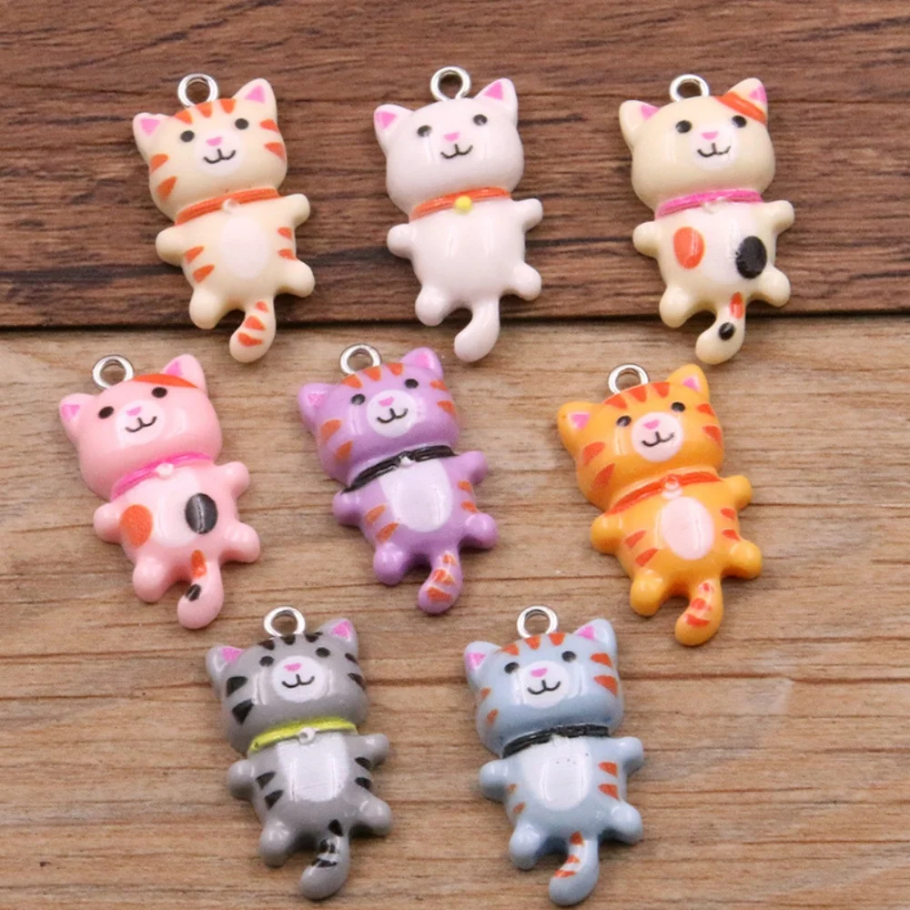 Breloques chat Kawaii, 15x29MM, 8 couleurs, pour la fabrication de bijoux, accessoires en résine, artisanat DIY, 10 pièces