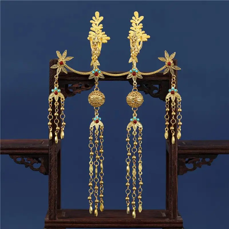 Tang Dynasty Imperial Twin Phoenix Hairpin Tassel Step Shake Ornament Gold Plated Hanfu Hair Accessory for Women Wedding Gift
