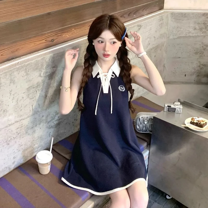 

Женское мини-платье с открытыми плечами и вышивкой в консервативном стиле, лето 2022, повседневные платья трапециевидной формы с лацканами, милое платье Y2k Vestido