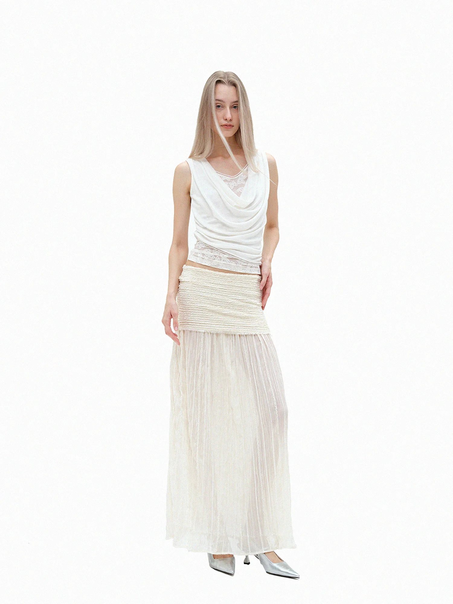 Folded Mid-Length Skirt Beige And Black Splicing Pleated Half Skirt High Elasticity Low Waist H-Line Spring Summer Women's Skirt