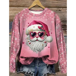 Women's' Autumn/Winter Christmas Hoodie Round Neck Cartoon Printed Long Sleeved Christmas Fashions Top Pink Santa Claus Hoodie