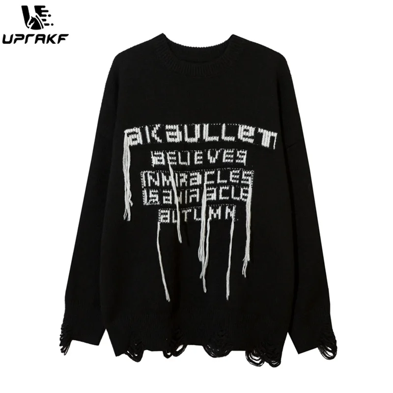 UPRAKF Letter Print Tassel Ripped Sweater Autumn Loose Knitted Jumper Winter Fashion Streetwear Pullover Warm Casual