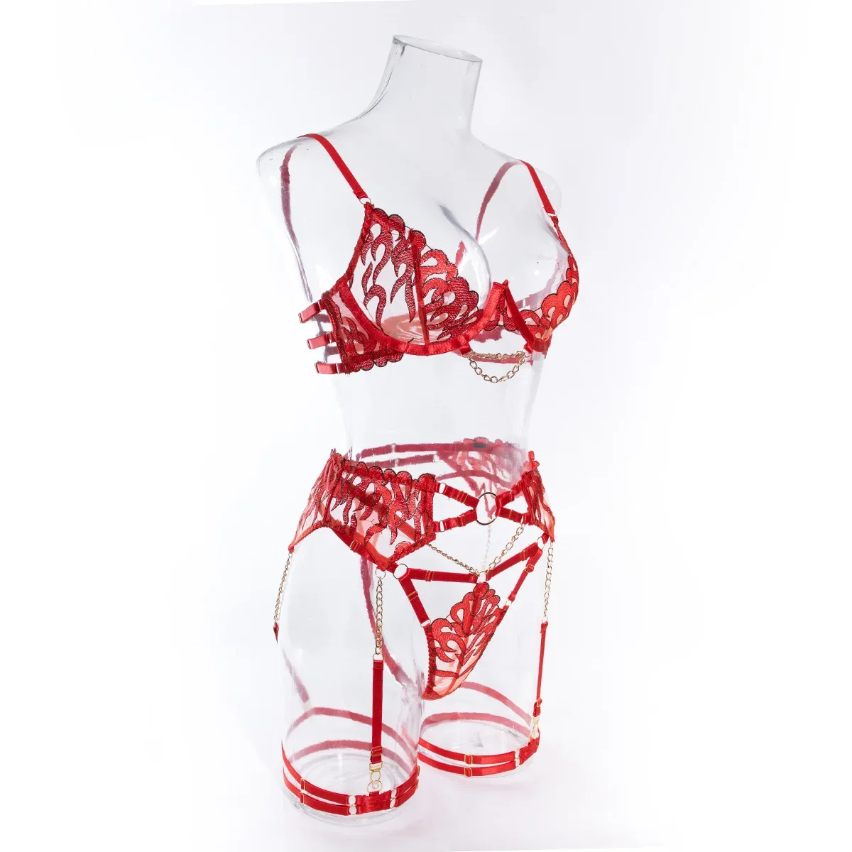 

Ladies Sexy Valentine's Day Flame Metal High-grade Temptation Slim-fit Sexy Underwear Four-piece Set