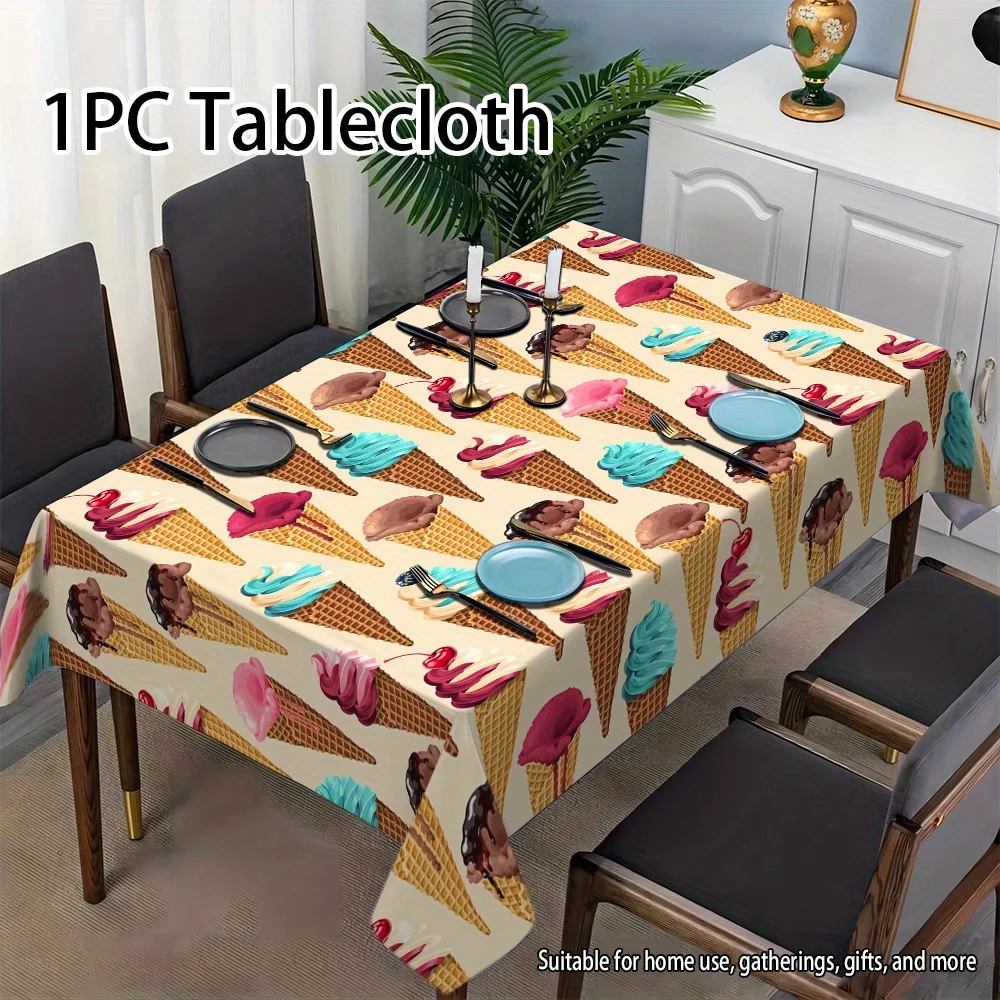 Summer Ice Cream Tablecloth, Cream Base With Ice Cream Cone Graphics, Rectangular Table Cover for Kids Birthday Party Decor