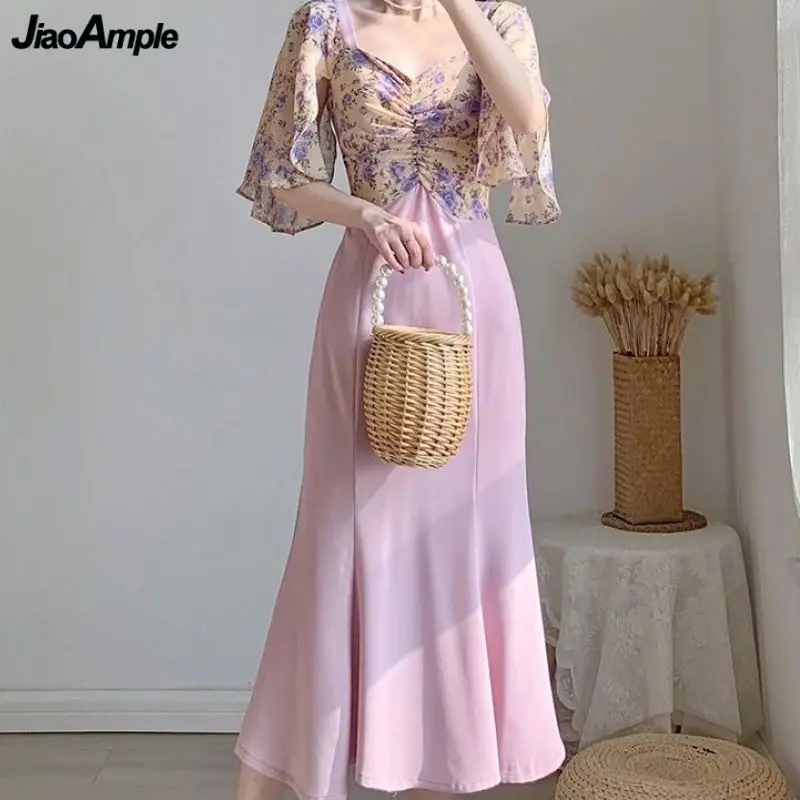 

Women Summer Purple Warp Hip Trumpet Dress French Office Lady Graceful Floral Patchwork Mermaid Dresses 2023 Elegant Gown Female