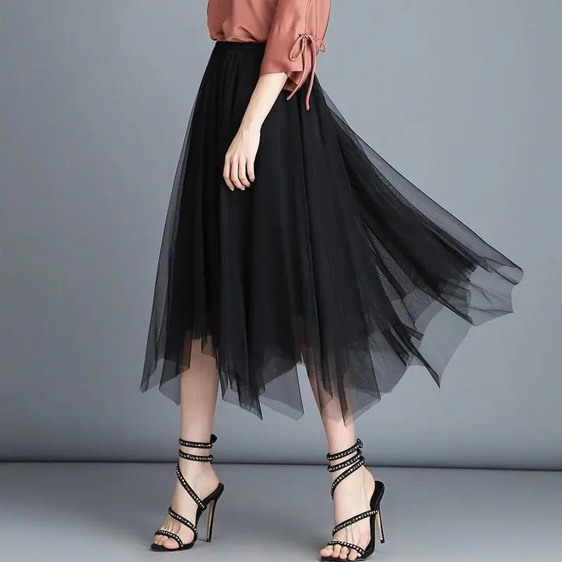 

Women Fashion Asymmetrical Skirt Spring Autumn Party Skirt Elastic High Waist Long Mesh Tulle Skirt Tutu Skirt
