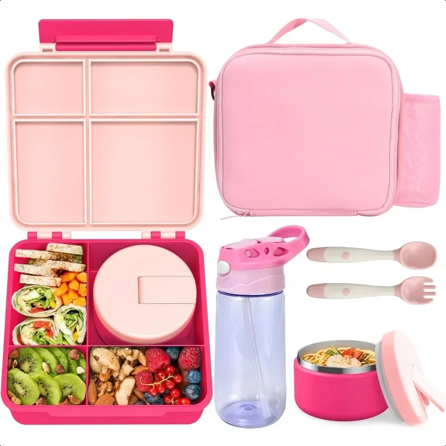 

Bento Lunch Box with 8oz Soup Thermo Water Bottle Leakproof Lunch Food Containers with 4 Compartment Insulated Hot Food Jar wit