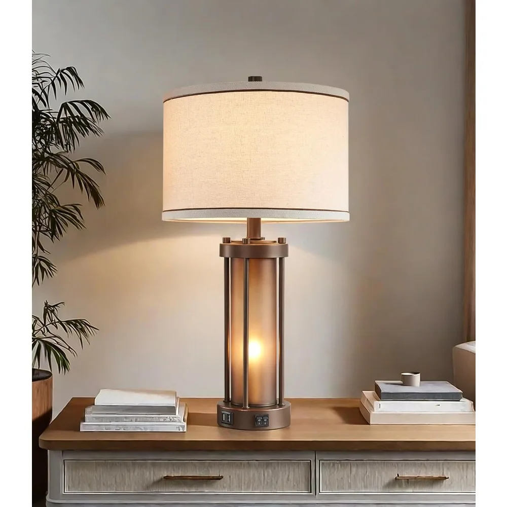 

US Shipping Farmhouse Table Lamp with 2 USB Ports, Vintage Rustic Nightstand Lamp with Amber Glass Nightlight for Bedroom