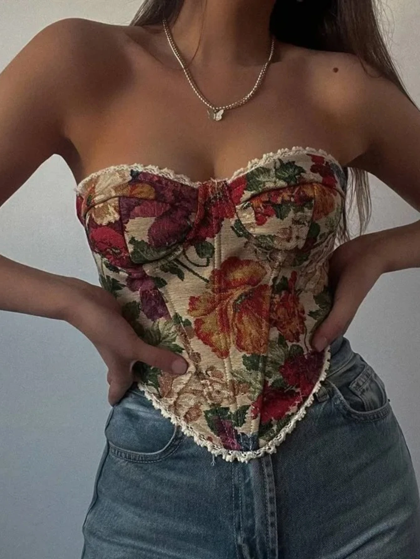 

Vintage Flower Print Strapless Bandage Lace Fishbone Camisoles Women Summer Slim Fit Crop Tops Streetwear Tank