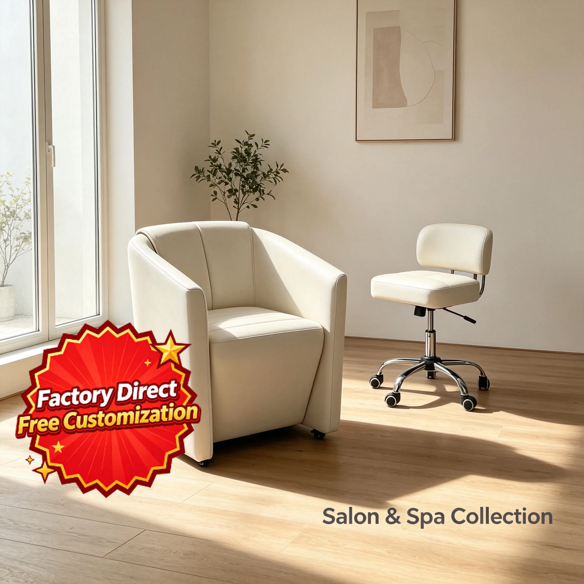 Salon Chair Set Hydraulic Barber Stool PU Leather Client Chair Rolling Technician Stool Chrome Base for Beauty Salon Spa