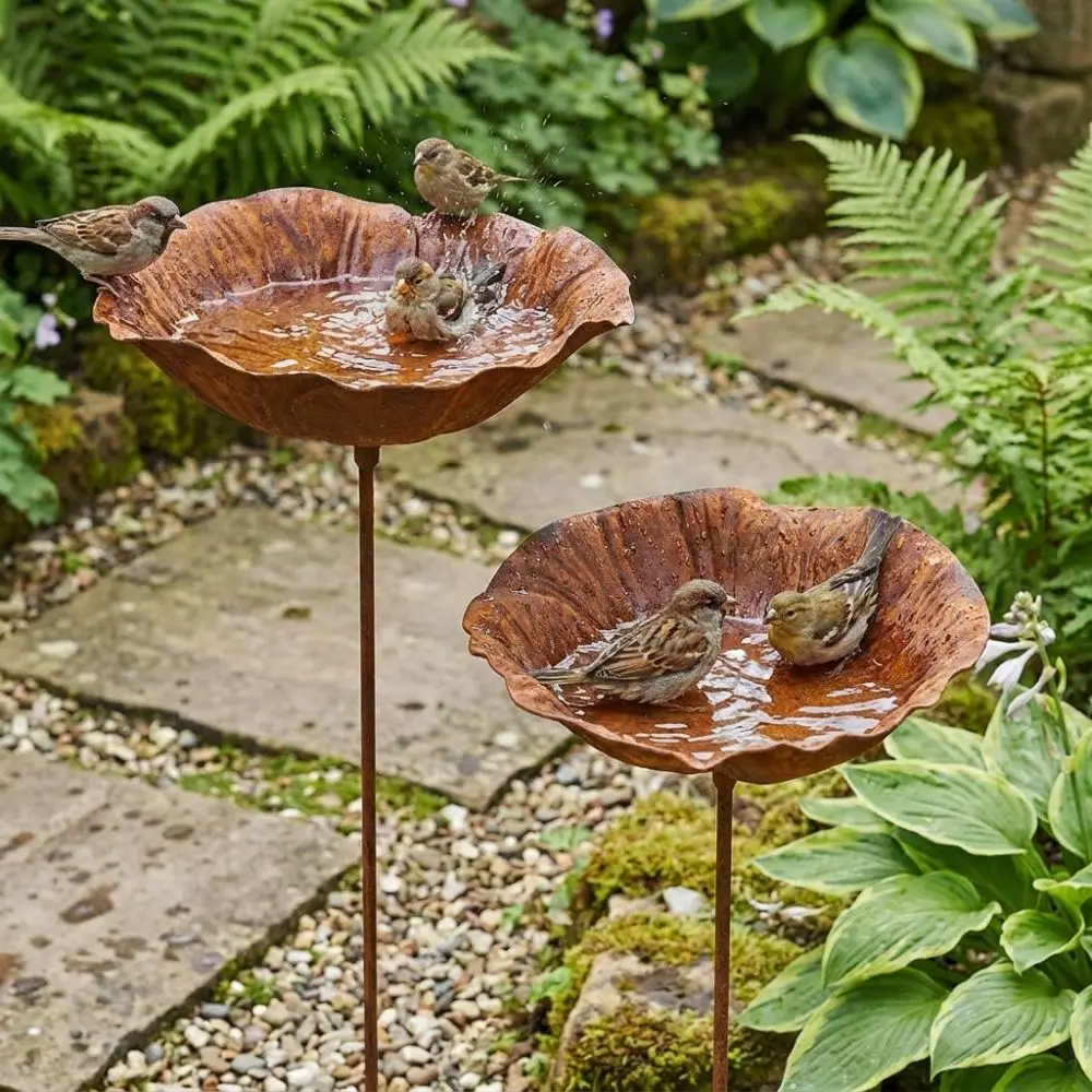 Flower Shape Metal Bird Bath Iron Art Handcrafted Bird Water Dispenser Ground Insert Rusted Vintage Bee Watering Station