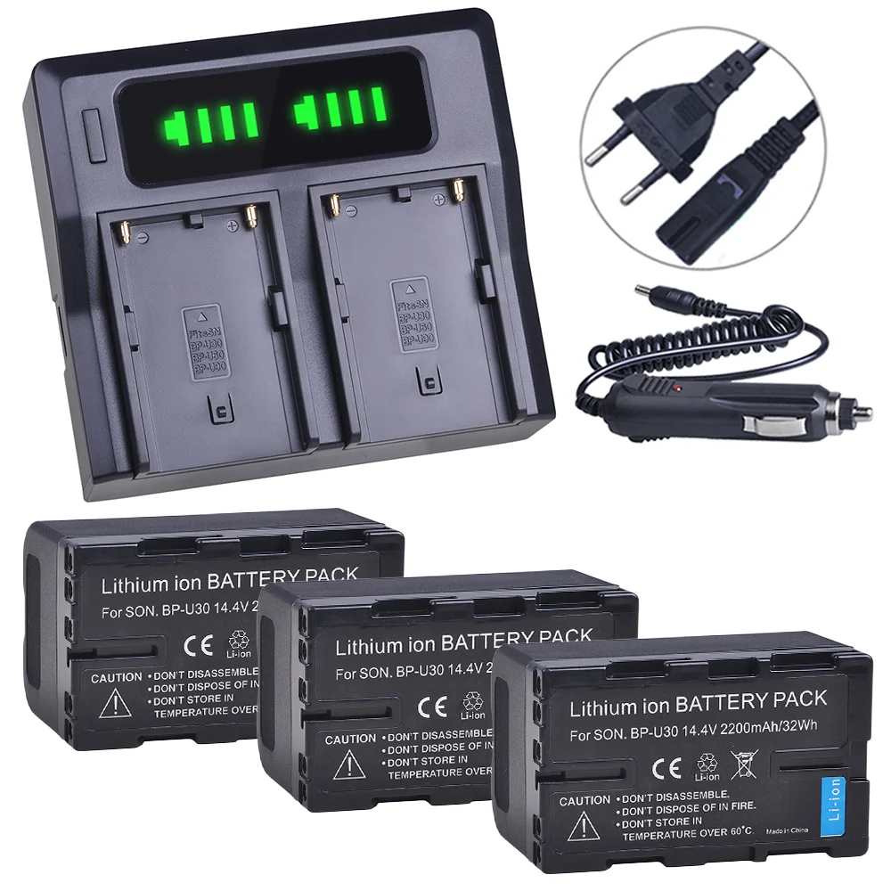 

3x 2200mAh BP-U30 bp-u30 BP U30 bpu30 Battery + LED Fast Dual Charger for Sony PMW-100, PMW-150, PMW-200, PMW-300, PMW-300K1