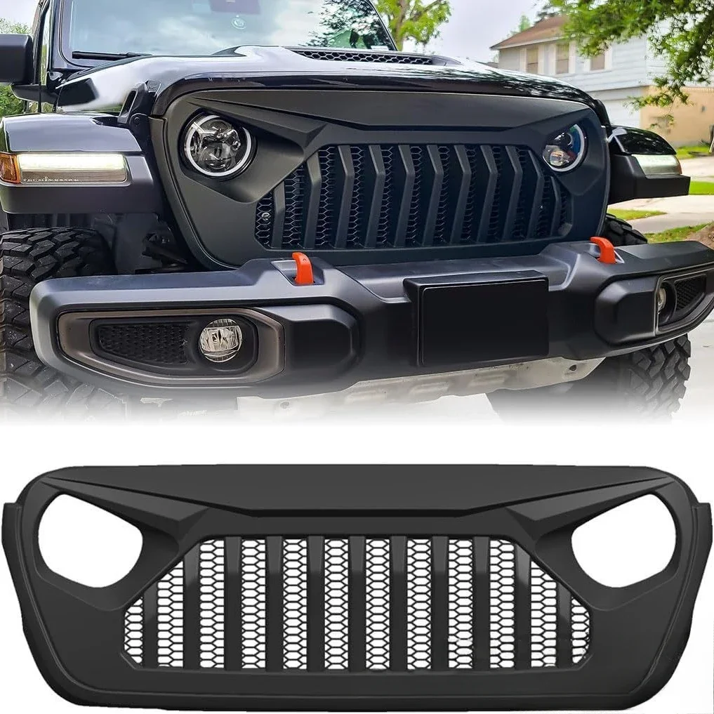 Front Grill for Jeep Wrangler JL 2018-2024 Gladiator JT Accessories Matte Black Racing Grill Grille Bumper Mesh Replacement