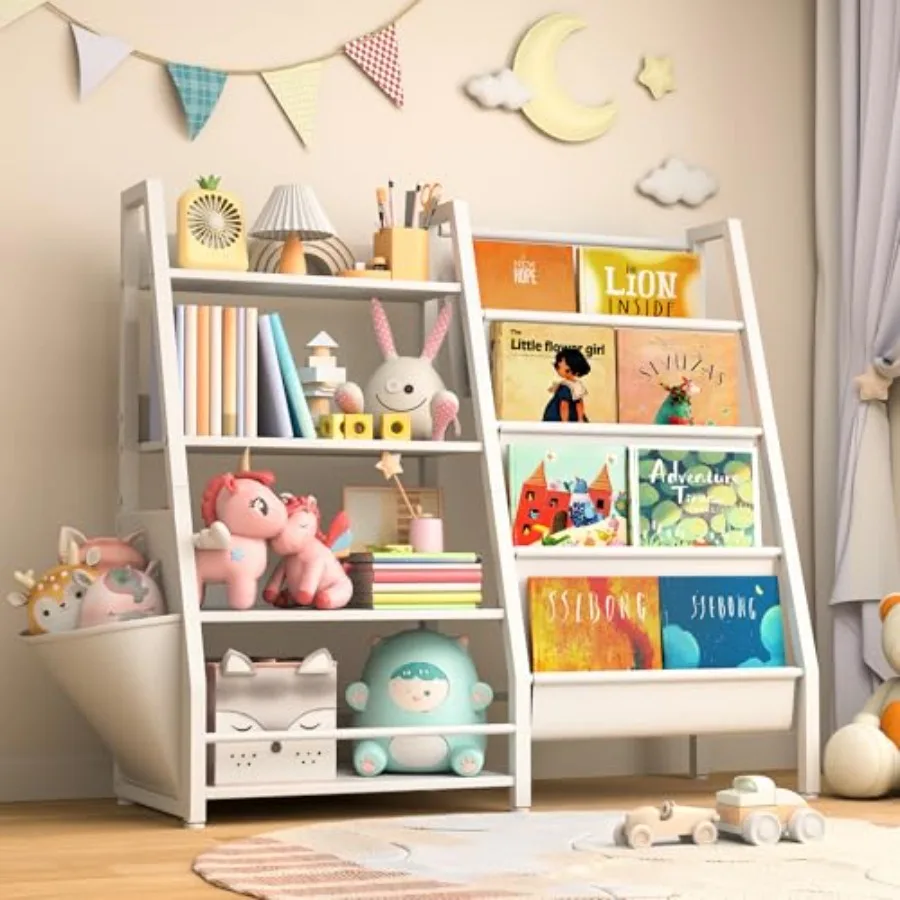 

Bookshelf with Extra Pocket, Toddler Bookshelf and Toy Storage Organizer for,Bookcase Nursery Book Shelf, Bedroom, Playroom and