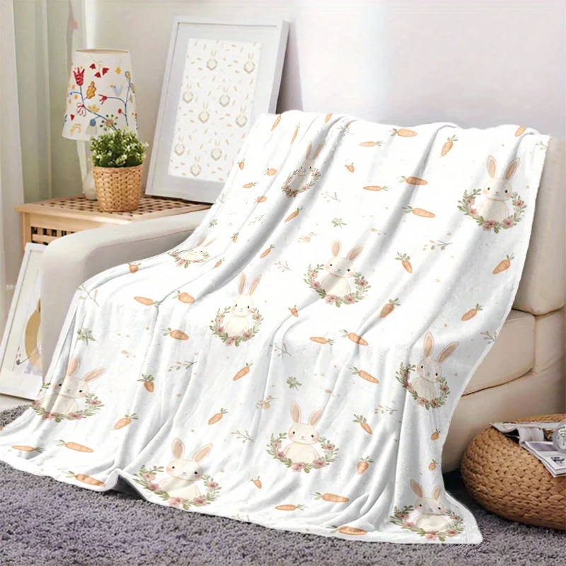 1pc of Adorable Rabbit and Carrot Print Blanket - Soft, Warm Polyester, Suitable for Naps, Camping, Travel, and Office Decor - M