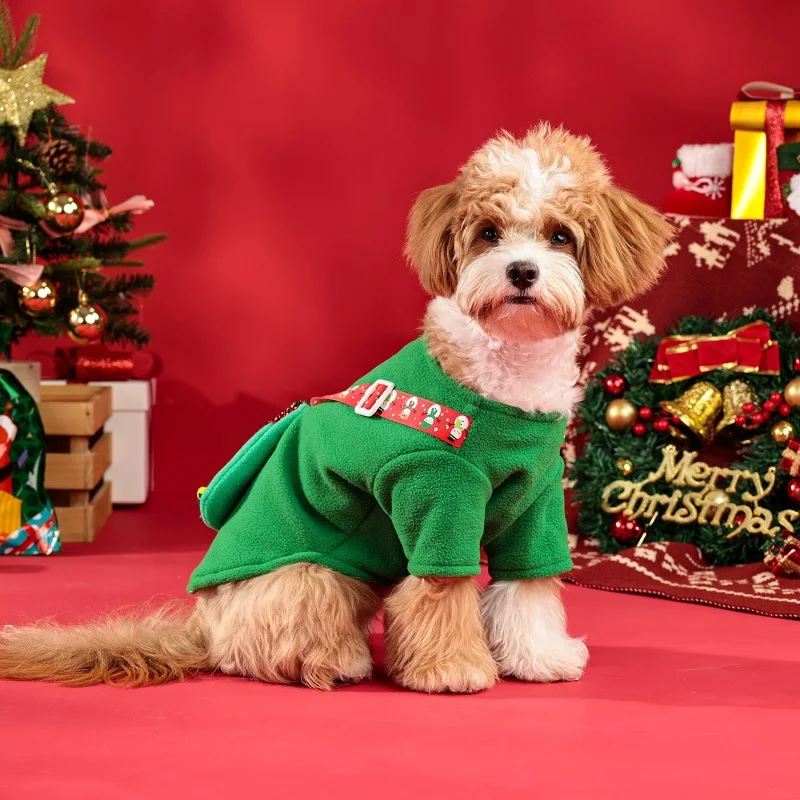 Christmas Tree Costume Dog Cat Clothes Classic Red Green Color Blocking Elk Plush Suspenders Flannel Hoodies Small Medium Dogs