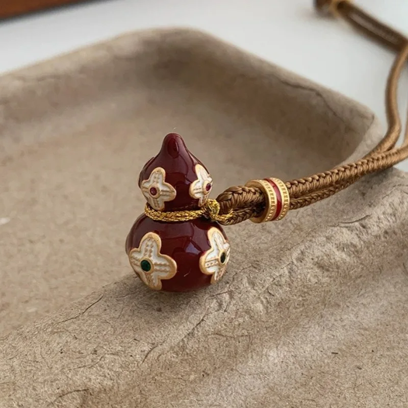 

Chinese-style Red Drip-Enamel Gourd Necklace Vintage Knitted Cotton Cord Long-Length Sweater Chain Accessory for Autumn & Winter