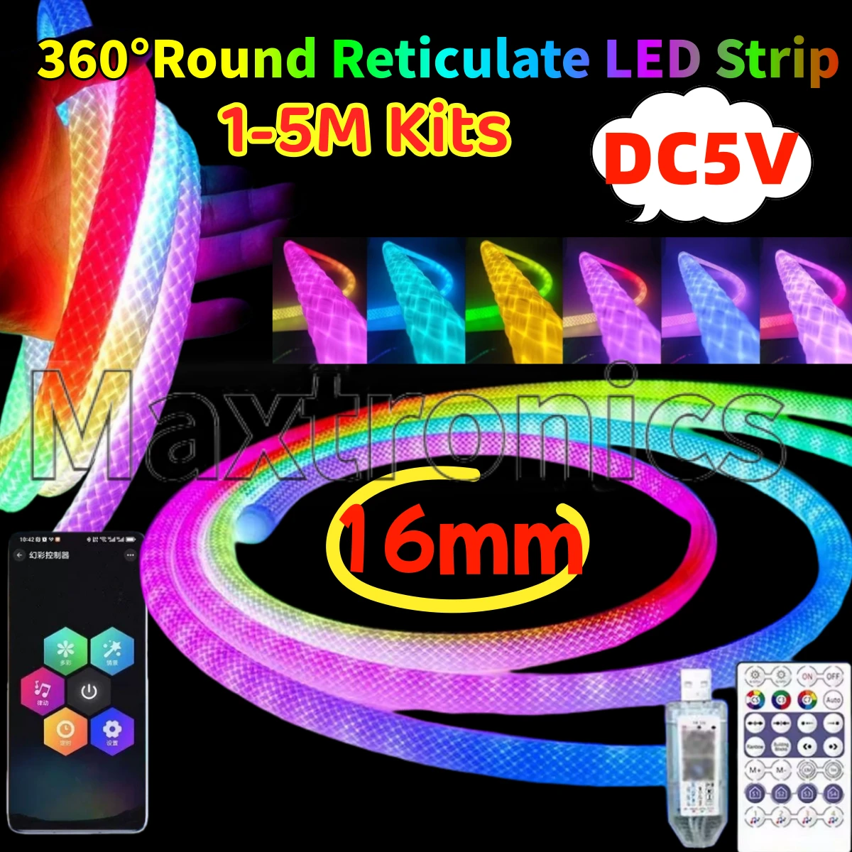 

RGBIC 360-градусная круглая сетчатая неоновая светодиодная лента с дистанционным управлением, нейлоновая гибкая мечта, красочный веревочный светильник для праздничного декора