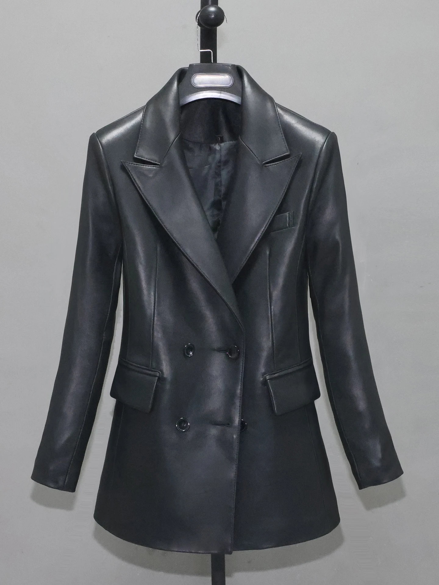 Giacca Casual Slim Fit in Vera Pelle a Doppio Petto con Spacco, Top Layer in Pelle di Pecora, Cappotto in Vera Pelle per Donna, Stile Professionale Giovanile