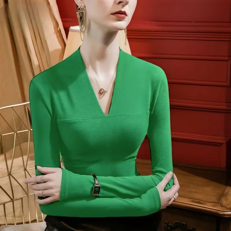 2025 الخامس الرقبة نحى بلون قاع طويلة الأكمام تي شيرت المرأة ضئيلة الخريف نمط تنوعا #2