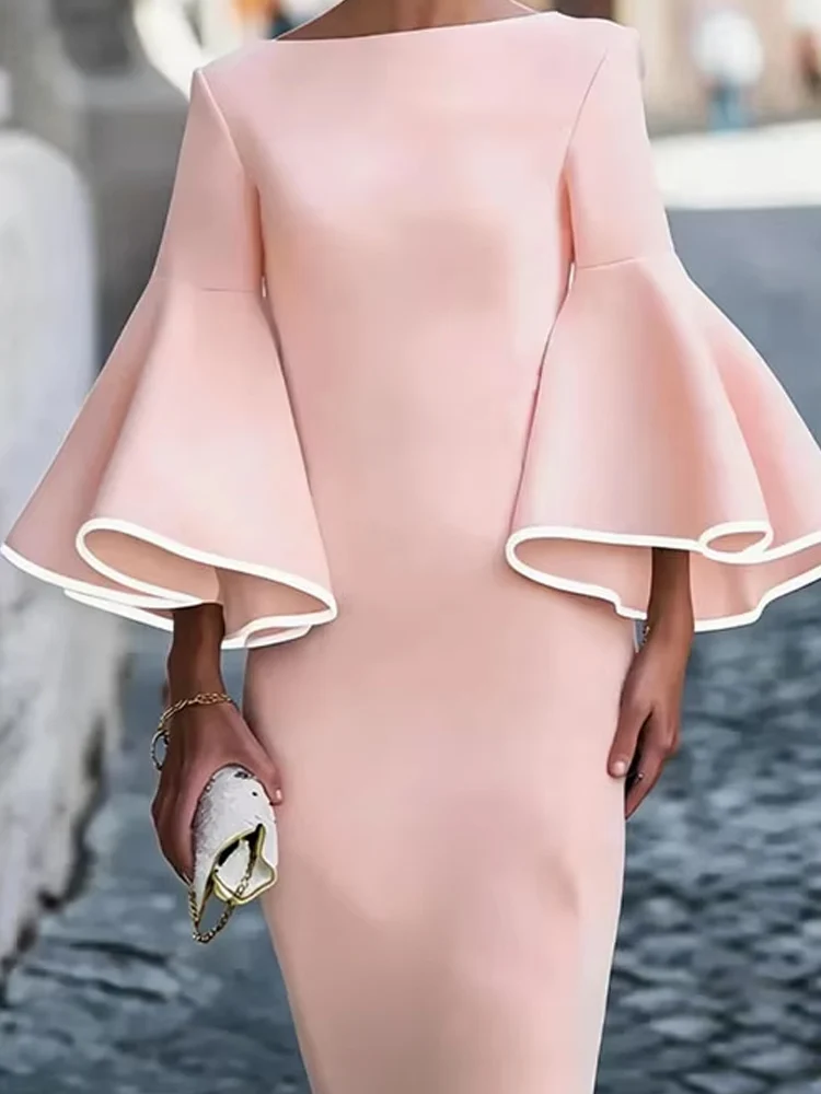Autumn Fashion Contrast Trim Pencil Dress Casual Flare Sleeve Bodycon Midi Dress WPomen Elegant O-neck Hight Waist Party Dresses