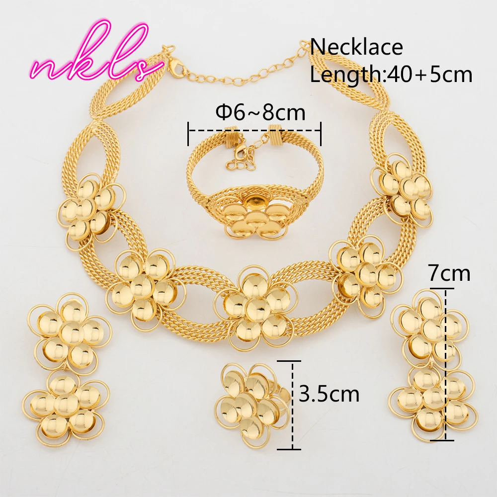 Brazilian Flower Necklace Jewelry Set Earrings New Bangle Ring Set Dubai Gold Color Jewellery Set Wedding Accessories Gifts