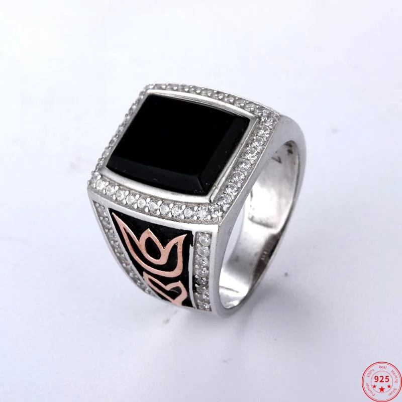 S925 Sterling Silver Charms Rings for Men Women Retro Ancient Pattern Inlaid Agate Zircon Middle East Style Jewelry Wholesale