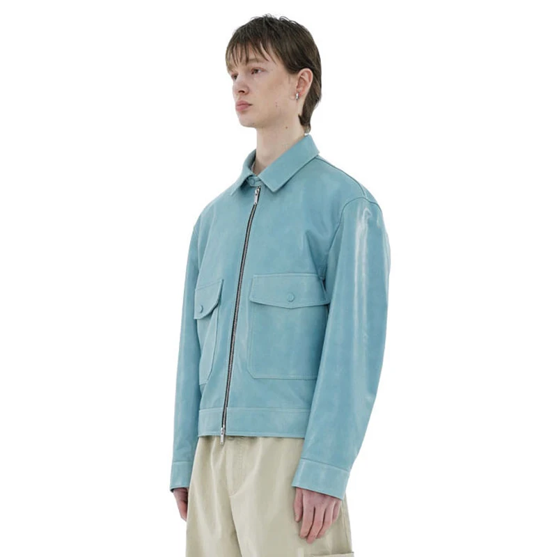 Men's Napa Sheepskin Jacket - Sky Blue Lapel High-Quality Custom Cowhide Leather 2024 Autumn New Product