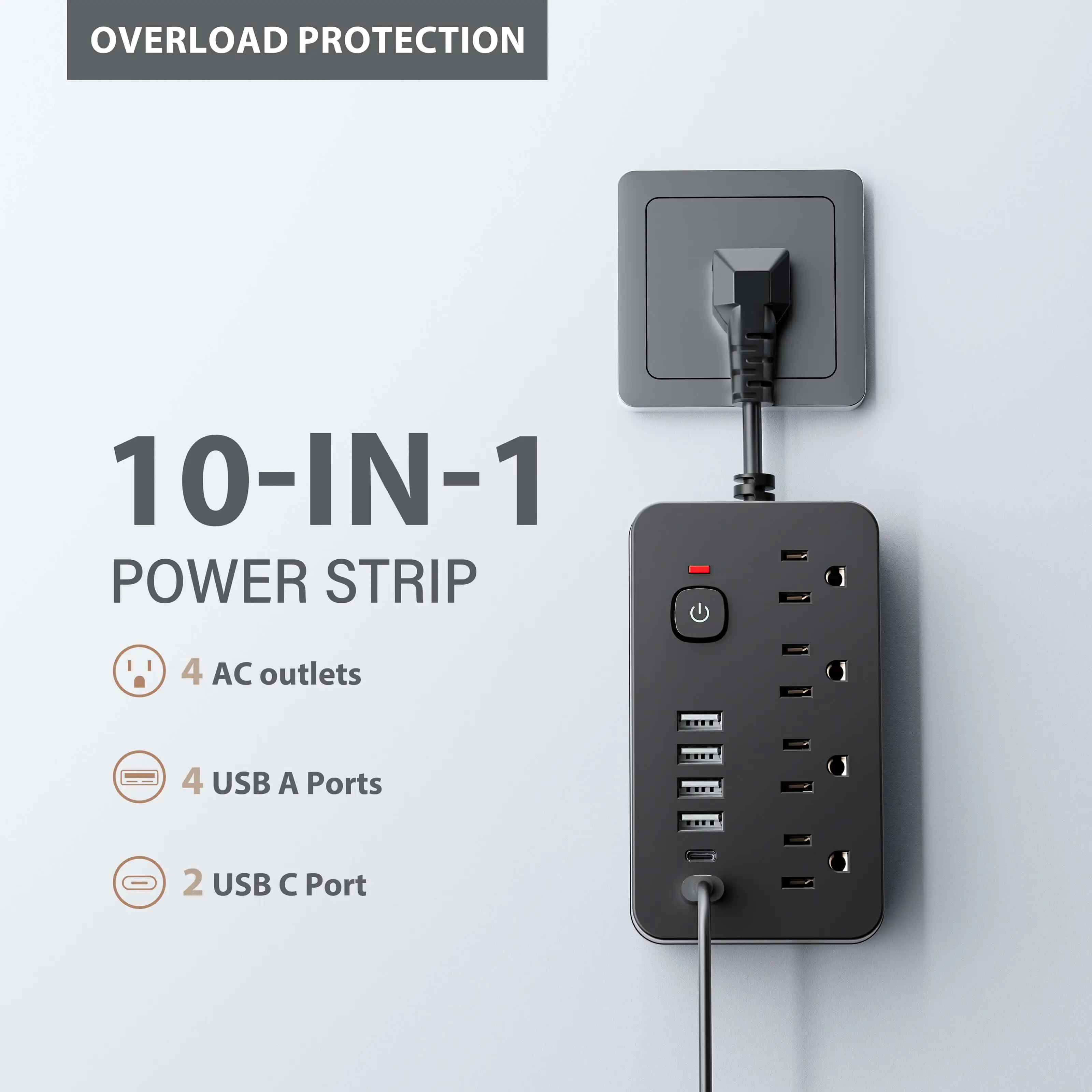 10-in-1 US Power Outlet, Power Outlet Surge Protector, 4 AC Outlets, 4 USB 2 Type-C, Desktop Charging Station with Overload Prot