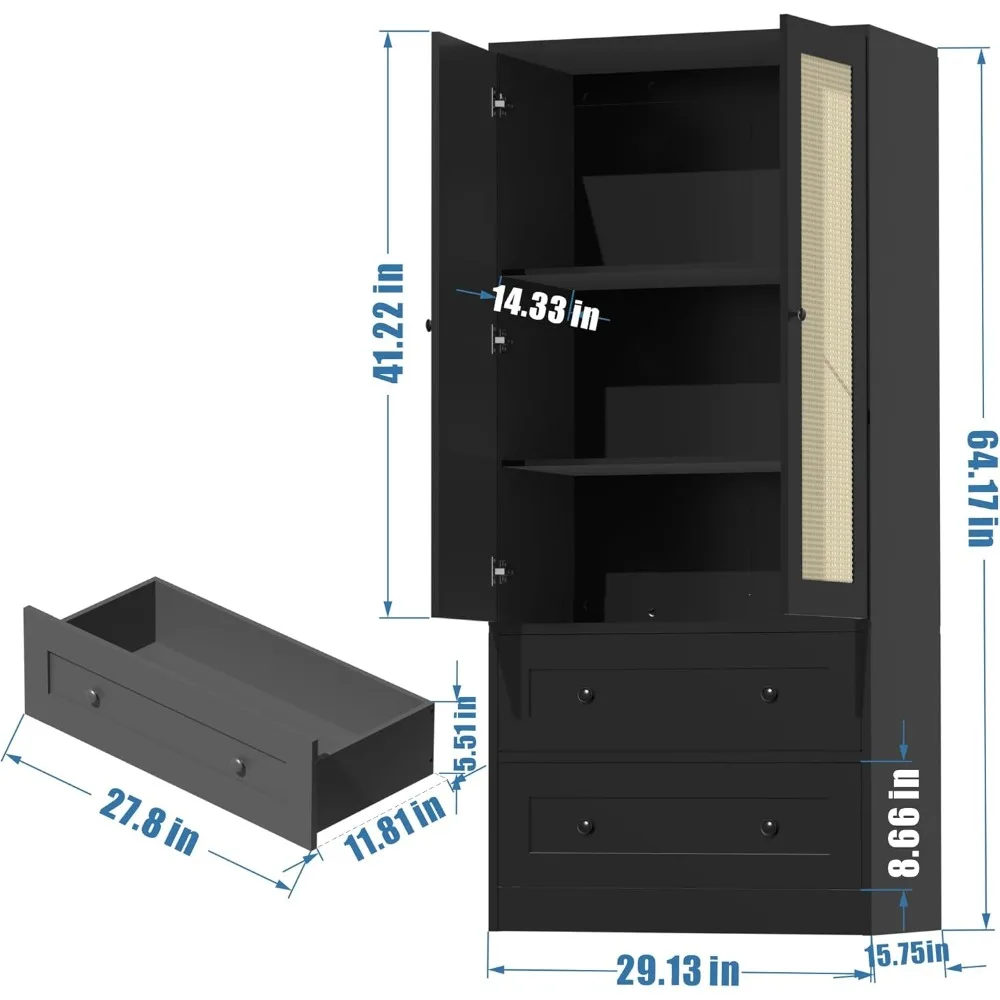 Rattan Black Kitchen Pantry Cabinet, Kitchen Storage Cabinet with Doors and Drawers, Freestanding Wooden Storage