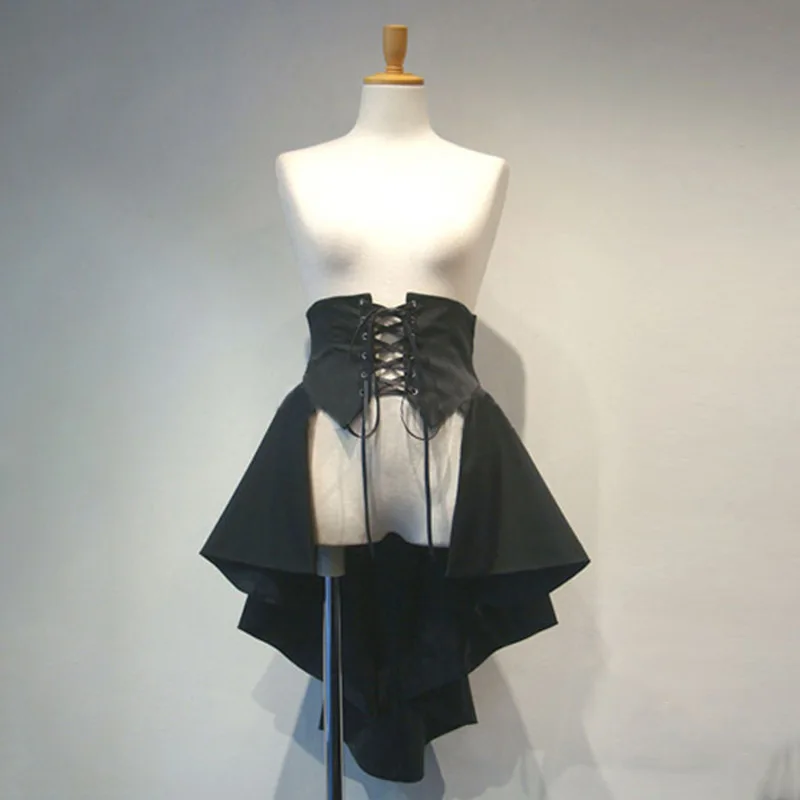 Detachable Overskirt Women Punk Swallow Tail Skirt Renaissance Pirate Costume Wrap Ruffle Skirt Gothic High Low Corset Lace Up