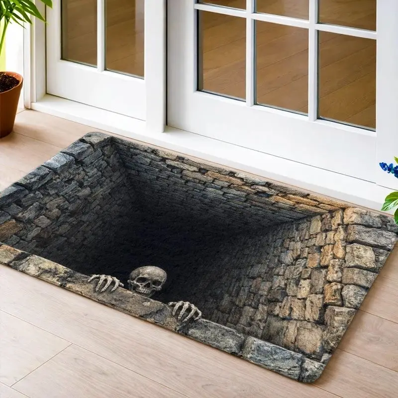 VIKAMA Halloween Trick Skeleton Stone Pit 3D Optical Illusion Flat Entry Mat Non Slip Absorbent Rug Party Bedroom Holiday Decor