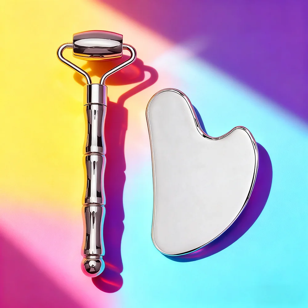 Rodillo de doble cabezal, herramientas para el cuidado de la piel, para cara, ojos, cuello, acero inoxidable 304, masaje de belleza Facial, herramienta Gua Sha en forma de corazón, masaje Facial