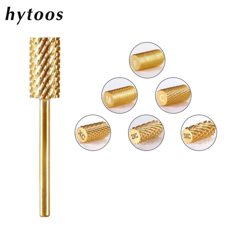 HYTOOS Gold Große Barrel Hartmetall Nagel Bohrer Bits 3/32 Maniküre Grat Entfernen Gel Elektrische Maschine Bohrer Zubehör Lieferant