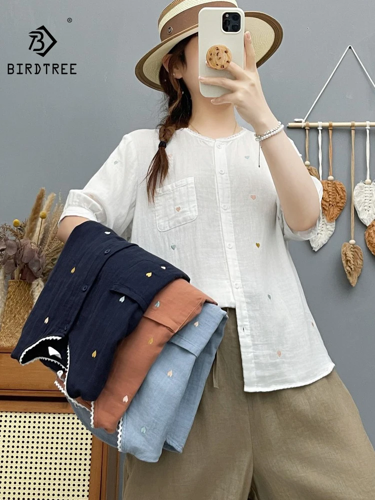 

New 2026 Summer Women Cotton Yarn Short Sleeve Shirt, Stand Lace Love Embroidery, Mori Girl Preppy Style Loose Blouse T65663CC