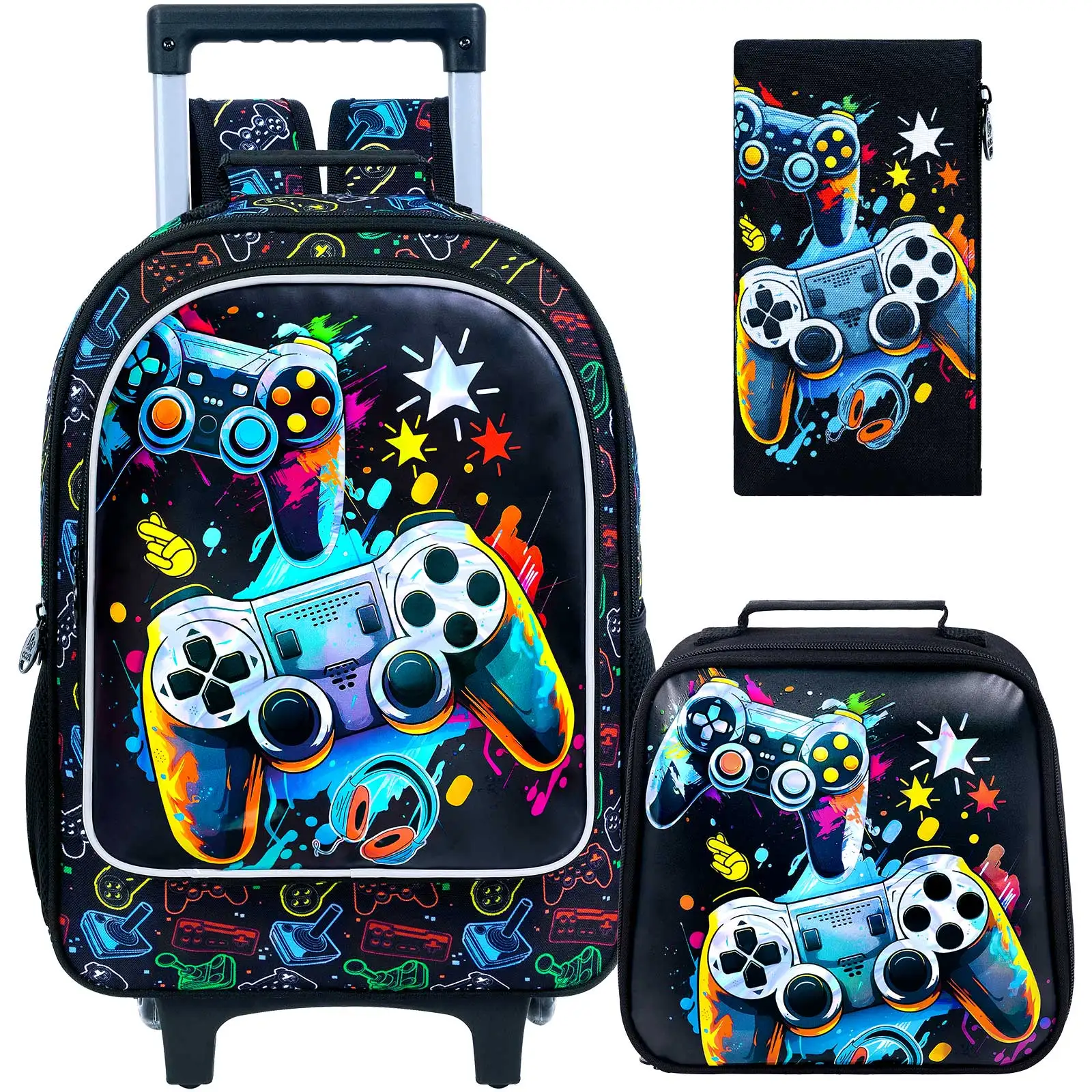 3pcs-kids-gaming-controller-trolley-backpack-set-boys-graffiti-print-wheeled-school-bag-with-lunch-box-pencil-case