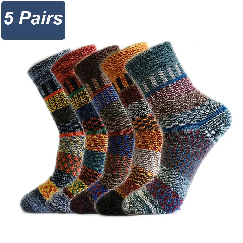 5 Pairs/Lot Men\'s Thick Wool Socks Autumn And Winter High Quality Japanese Vintage Stripes Warm Comfortable Soft Socks EU 38-44