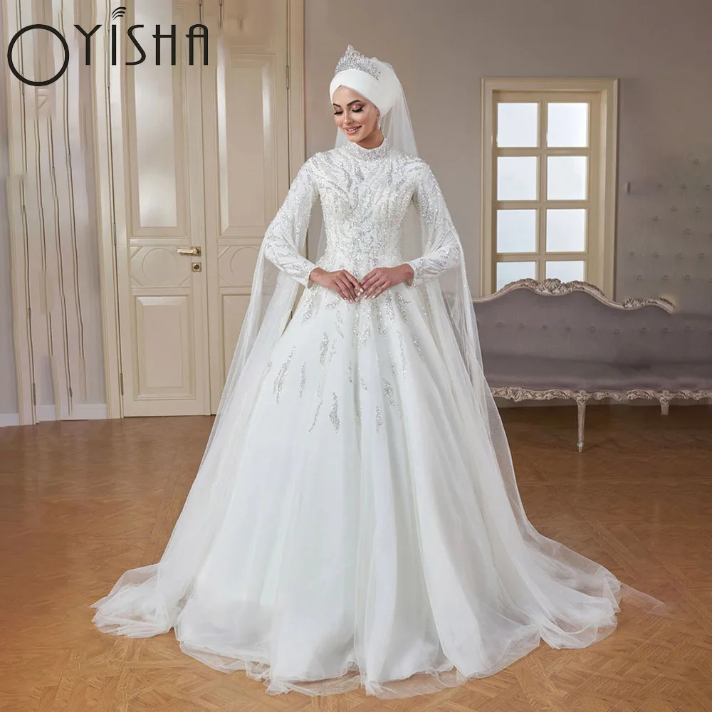 OYISHA-Robes de mariée musulmanes à manches longues perlées, Hijab islamique à col haut, Robe de luxe pour patients, Arabe, Dubaï, Kaftan, Éducatif, Novi Luxe perlé à manches longues robe de mariée musulmane col roulé