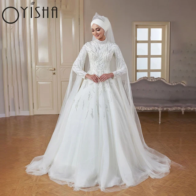 OYISHA Luxury Beaded Long Sleeve Muslim Wedding Dresses High Neck Islamic Hijab Bridal Gown Arabic Dubai Kaftan Vestidos De Novi AliExpress 320