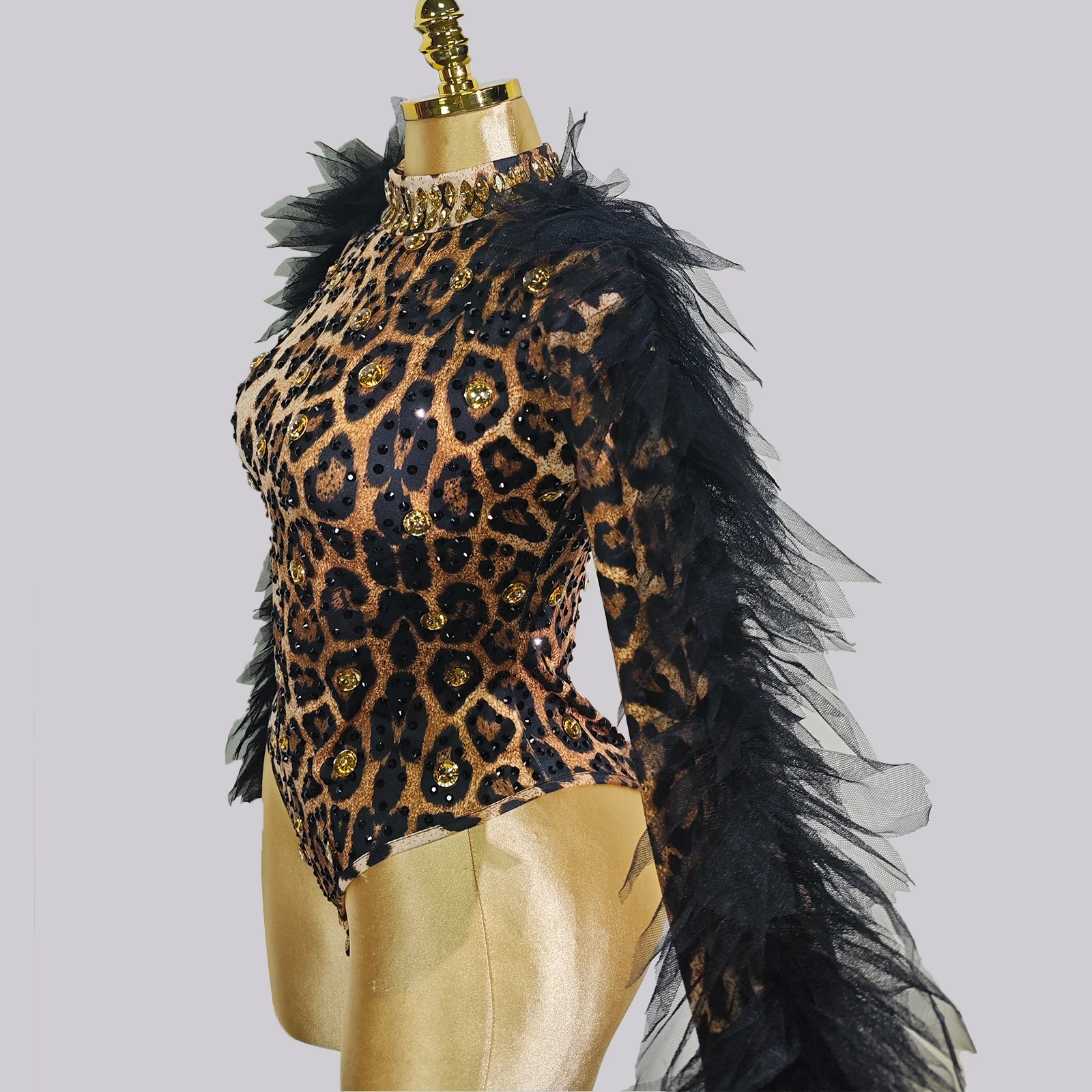 セクシーなレオパード柄ラインストーン付きブラックメッシュイベントコスチューム、女性用ボディストラス、ドラッグダンスステージ衣装、ナイトクラブ衣装