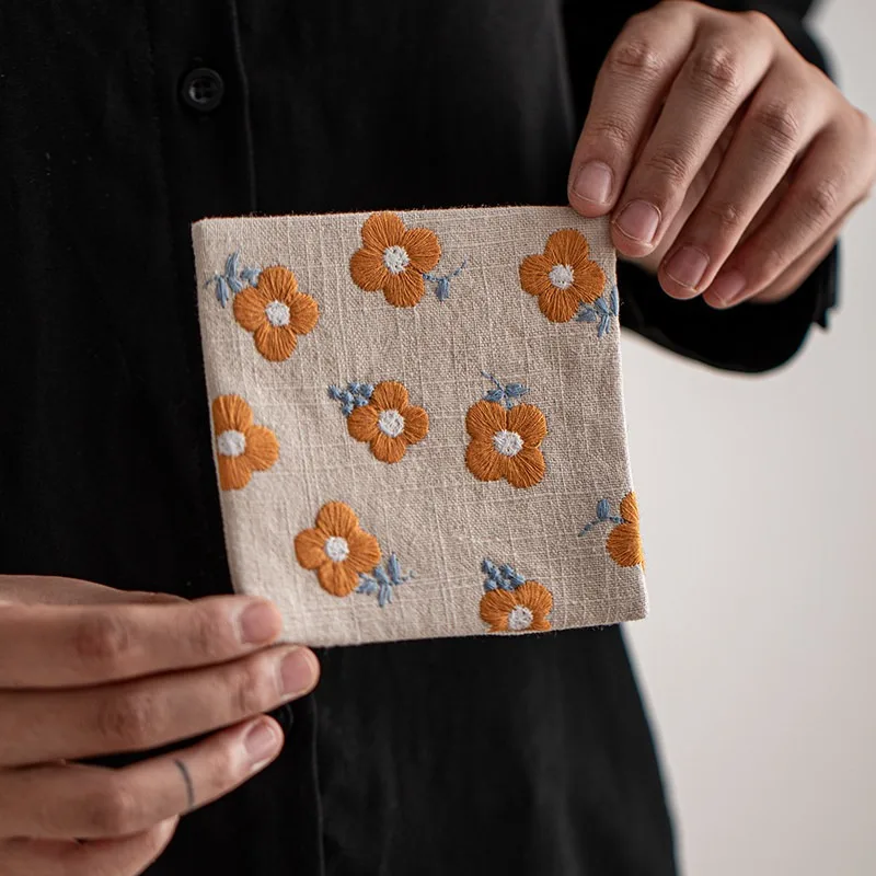 Japanese Style Fabric Coaster Embroidered Cotton Linen Double Layer Absorbent Tea Tray Coffee Cup Mat Table Heat Insulation Pad