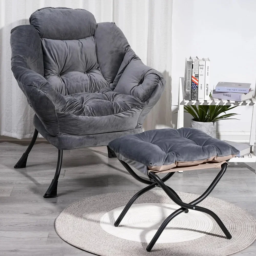

Fabric Lazy Chair with Foldable Footstool, Large Armchair and Footstool Set, Leisure Armchair with Footstool Set