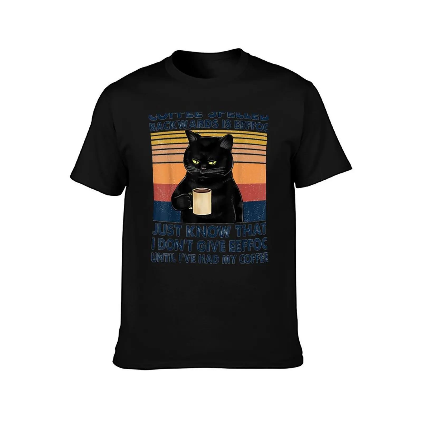 Coffee Spelled Backwards Is Eeffoc Cat Drinking Vintage T-Shirt, Summer Casual Cotton Tee, Oversized Streetwear Tops