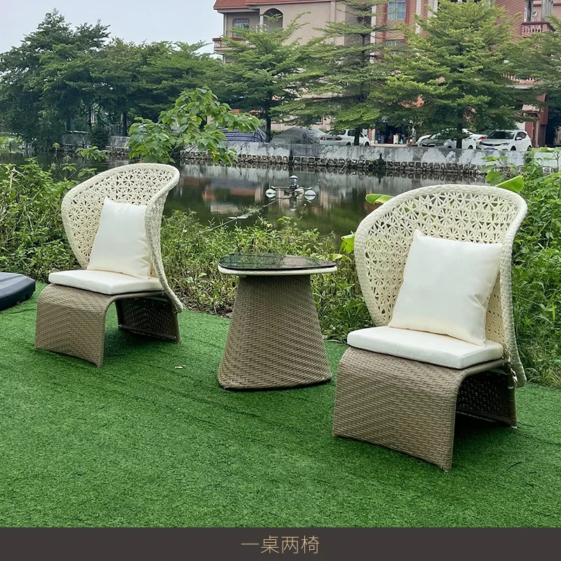 Simple design of outdoor leisure rattan-woven high-back chair garden courtyard waterproof and sunscreen coffee table furniture