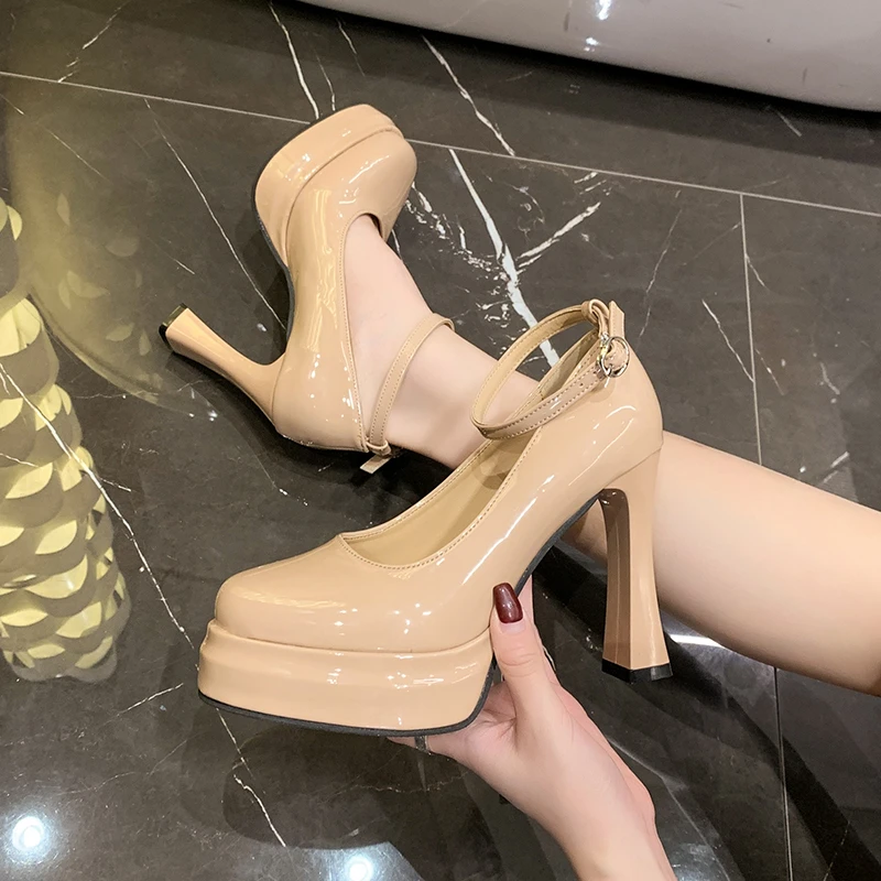 

Round Toe Heightened Non-Tired Feet High Heel Single Shoes Women's New One-Strap Patent Leather Mary Jane Shoes