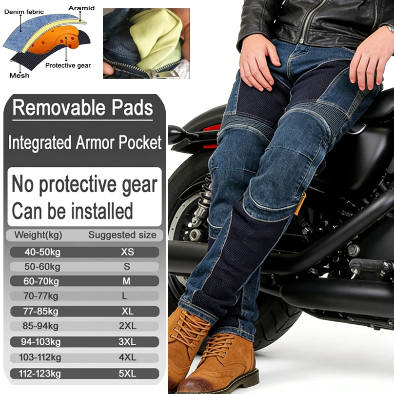 Herren Sommer Komplett Blaue Kevlar Motorrad-Jeans Abriebfest Winddicht Dirt Bike Fahrhose Langlebige Schutzausrüstung 032